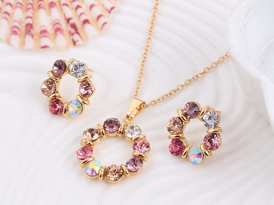 Dazzling European Style Jewelry Set with Colorful Crystal Pendant Necklace