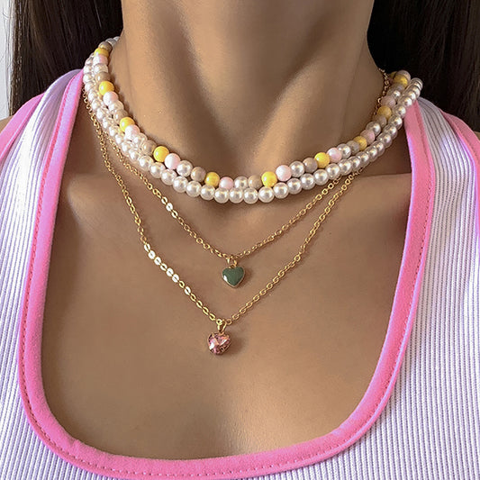 Dainty Pearl and Heart Pendant Multilayer Necklace Set