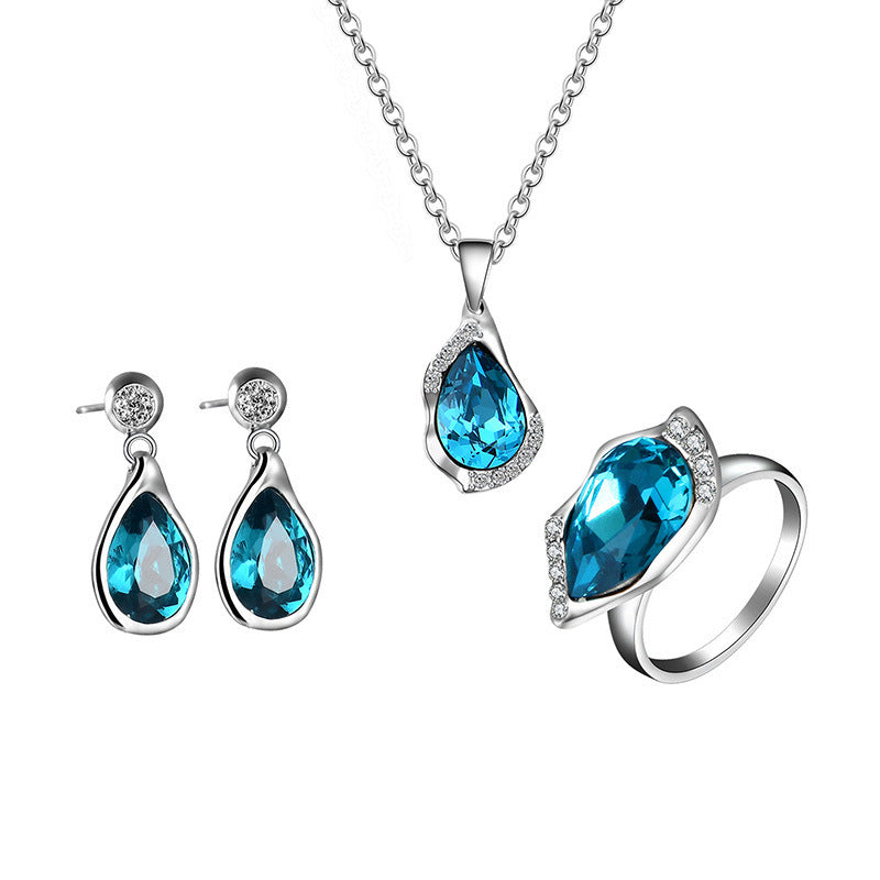 Elegant Teardrop Gemstone Pendant and Blue Zircon Earrings with Silver Necklace