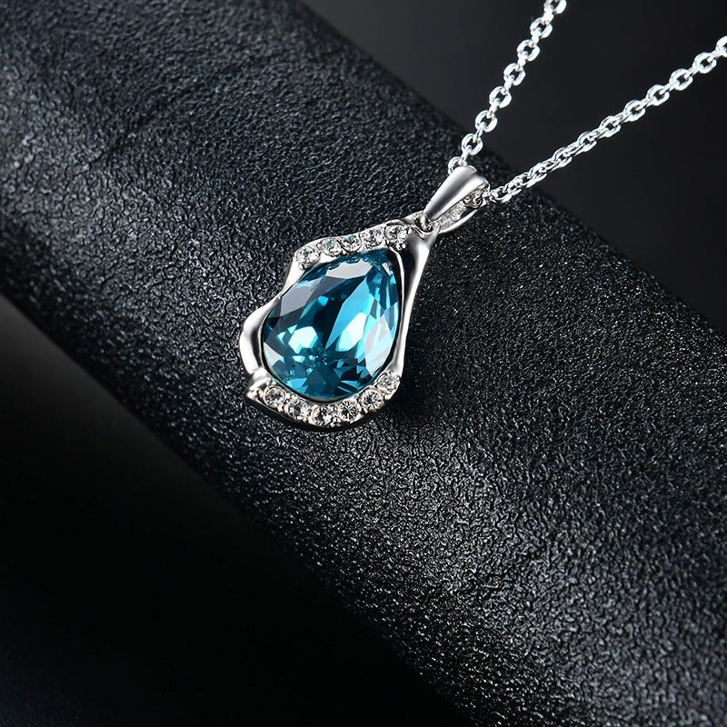 Elegant Teardrop Gemstone Pendant and Blue Zircon Earrings with Silver Necklace