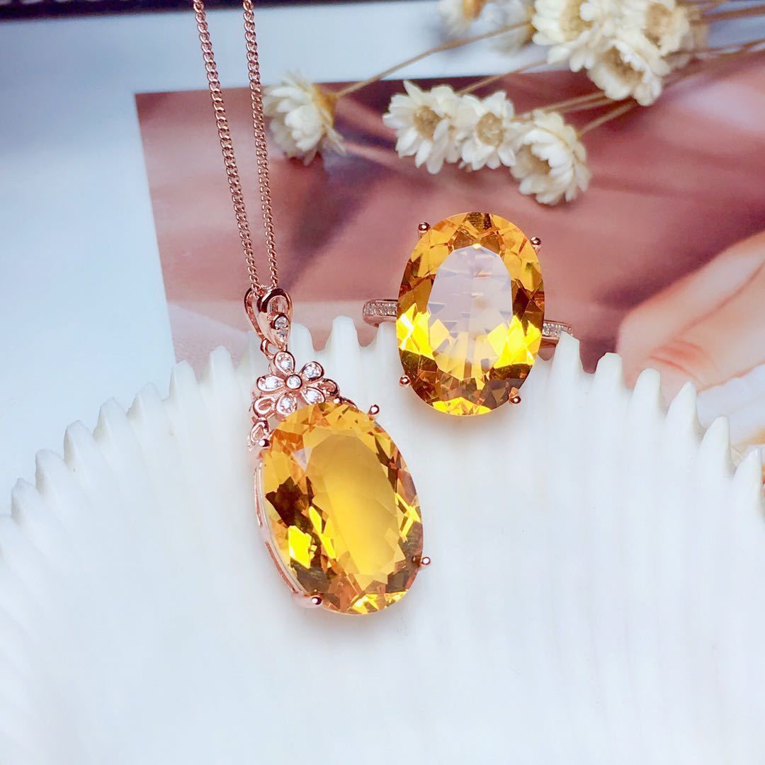 Citrine Gemstone Inlay Pendant Necklace Set