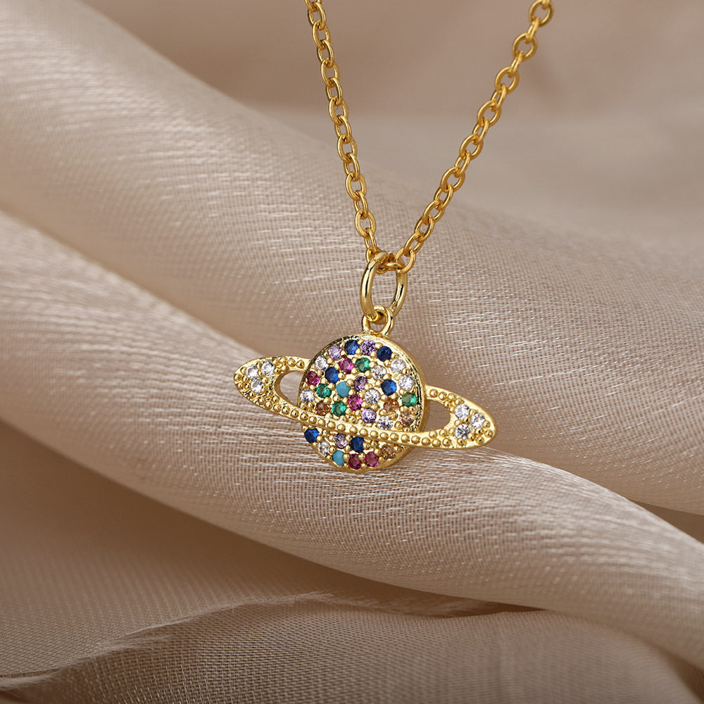 Micro-Set Zircon Necklace – Cosmic Multicolored Jewelry with Gold Finish