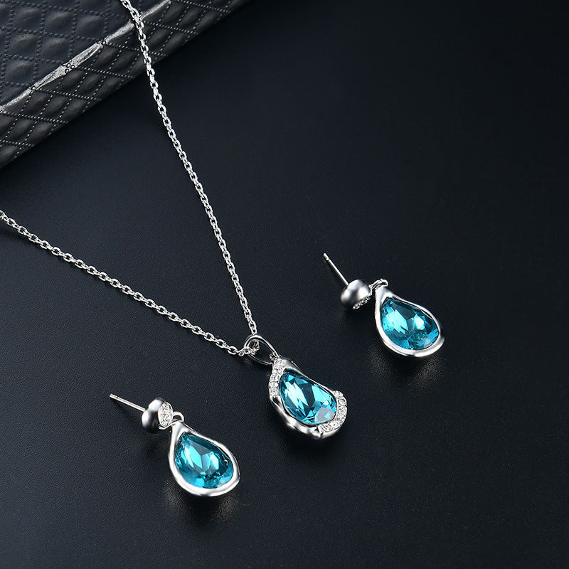 Elegant Teardrop Gemstone Pendant and Blue Zircon Earrings with Silver Necklace