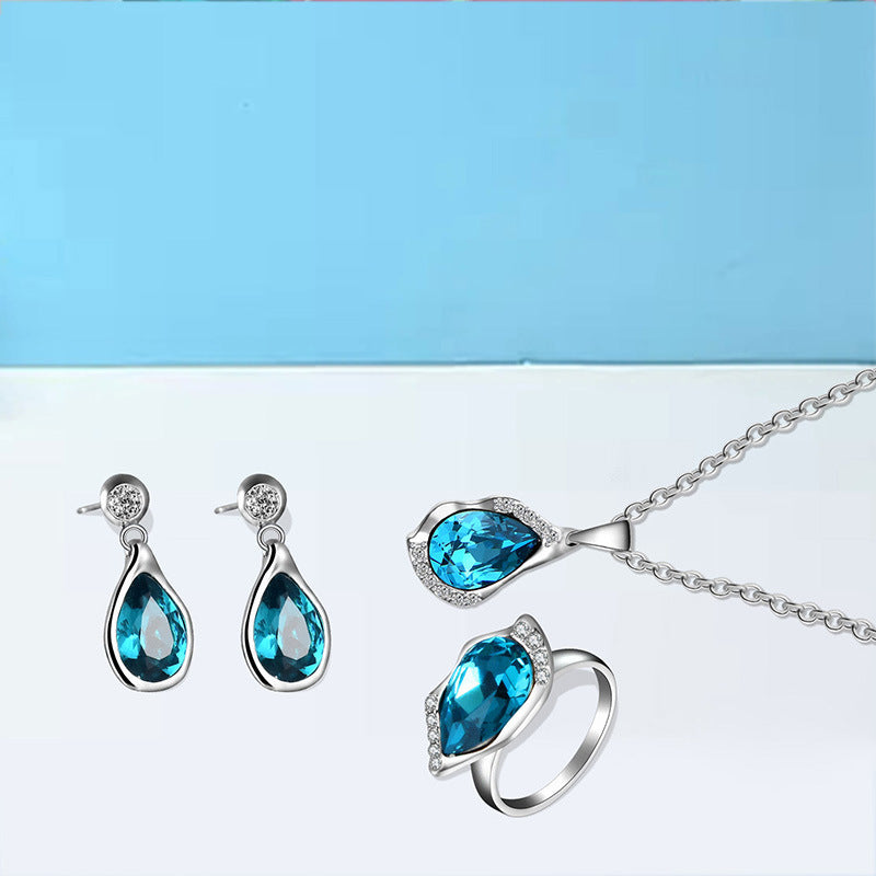 Elegant Teardrop Gemstone Pendant and Blue Zircon Earrings with Silver Necklace