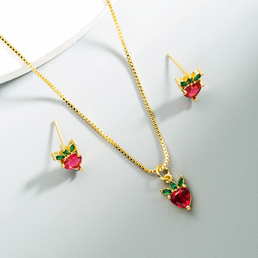 Ensemble collier et boucles d'oreilles à tige en cuivre pur avec fraise et ananas