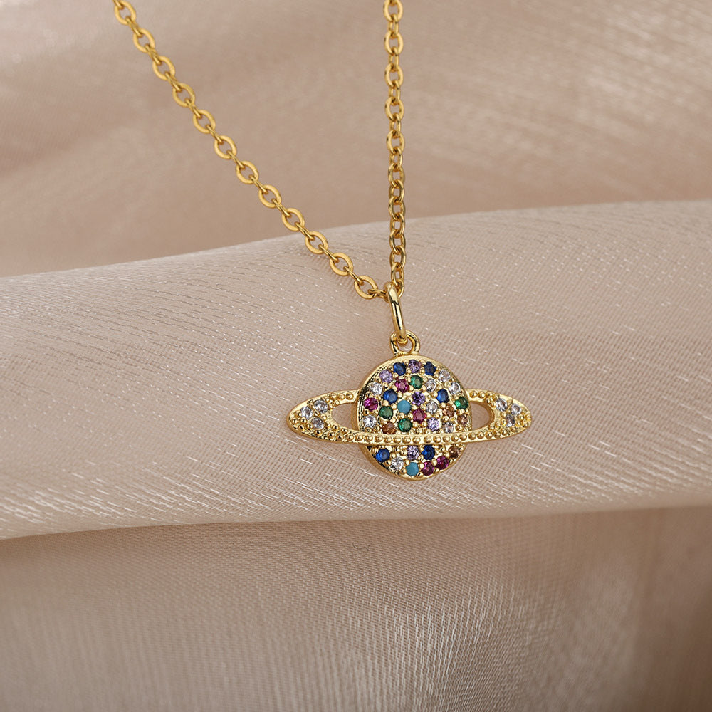 Micro-Set Zircon Necklace – Cosmic Multicolored Jewelry with Gold Finish