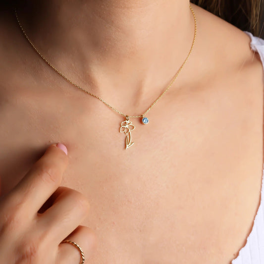 Chaîne de clavicule avec pendentif en pierre céleste et fleur de décembre rétro stéréo pour femme