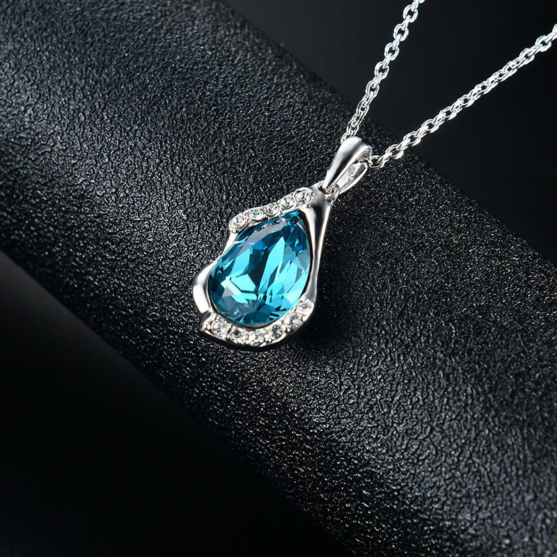 Elegant Teardrop Gemstone Pendant and Blue Zircon Earrings with Silver Necklace