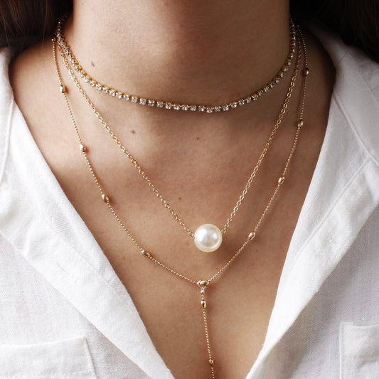 Minimalist Three-Layer Women's Necklace Set with Pearl and Crystal Pendant