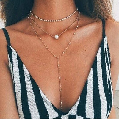 Minimalist Three-Layer Women's Necklace Set with Pearl and Crystal Pendant