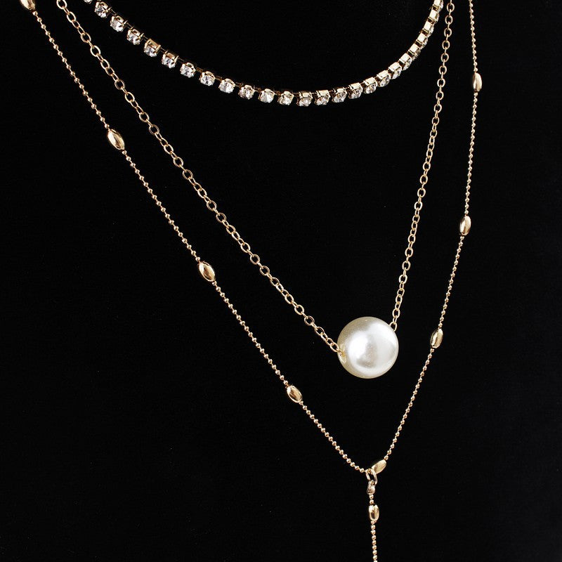 Minimalist Three-Layer Women's Necklace Set with Pearl and Crystal Pendant