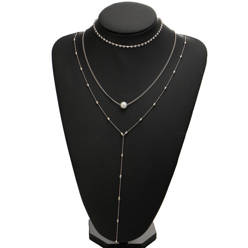 Minimalist Three-Layer Women's Necklace Set with Pearl and Crystal Pendant