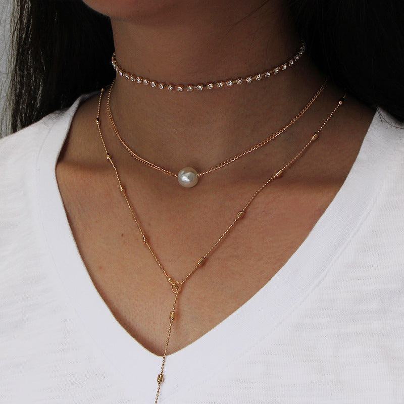 Minimalist Three-Layer Women's Necklace Set with Pearl and Crystal Pendant