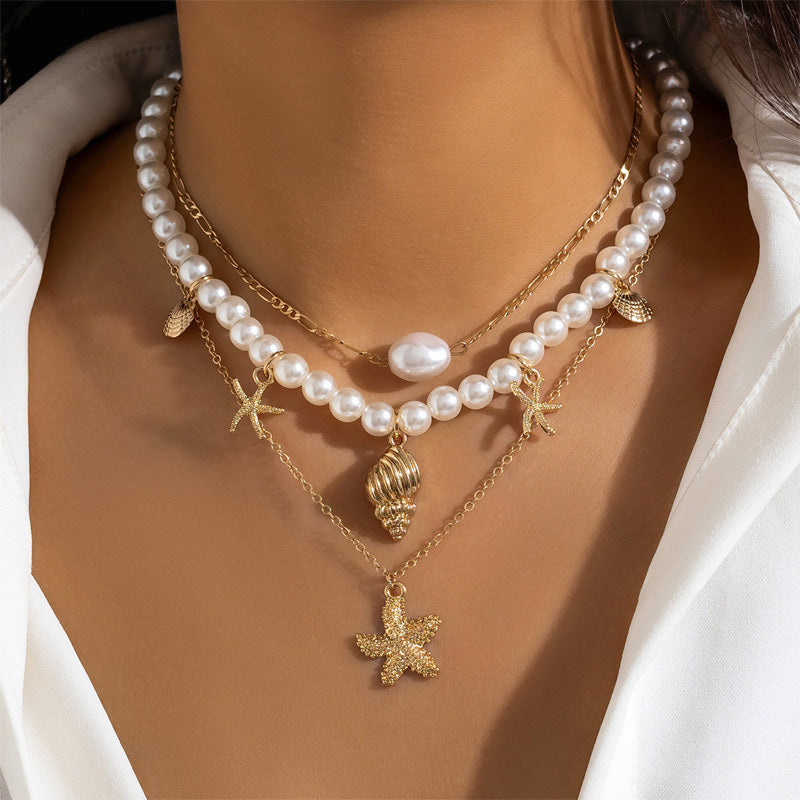 3-piece Set Of Starfish Shell Pearl Necklace