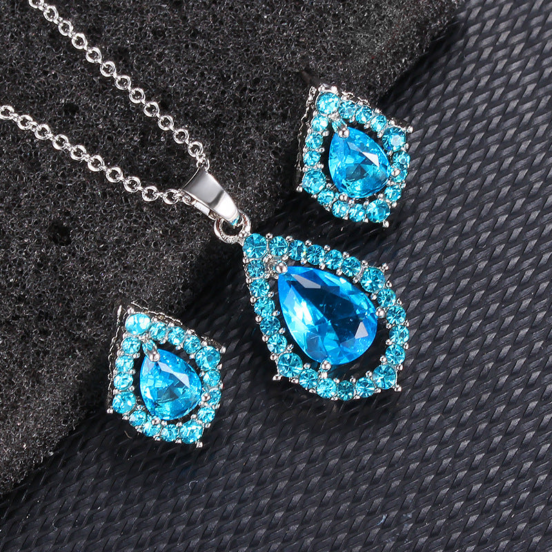 Sea Blue Zircon Stones Wedding Necklace Set with Earrings