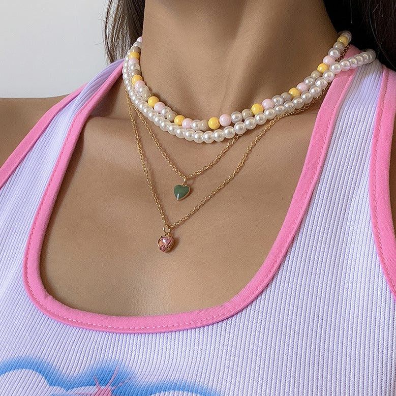 Dainty Pearl and Heart Pendant Multilayer Necklace Set