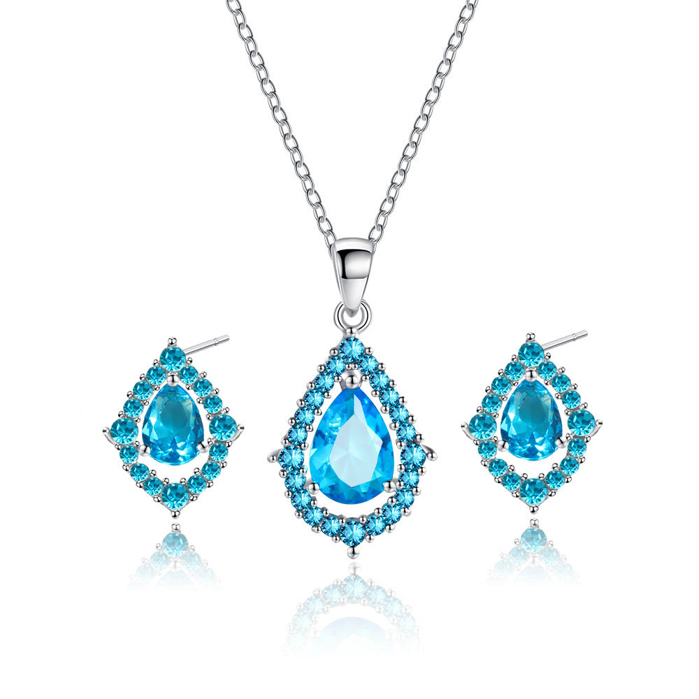 Sea Blue Zircon Stones Wedding Necklace Set with Earrings