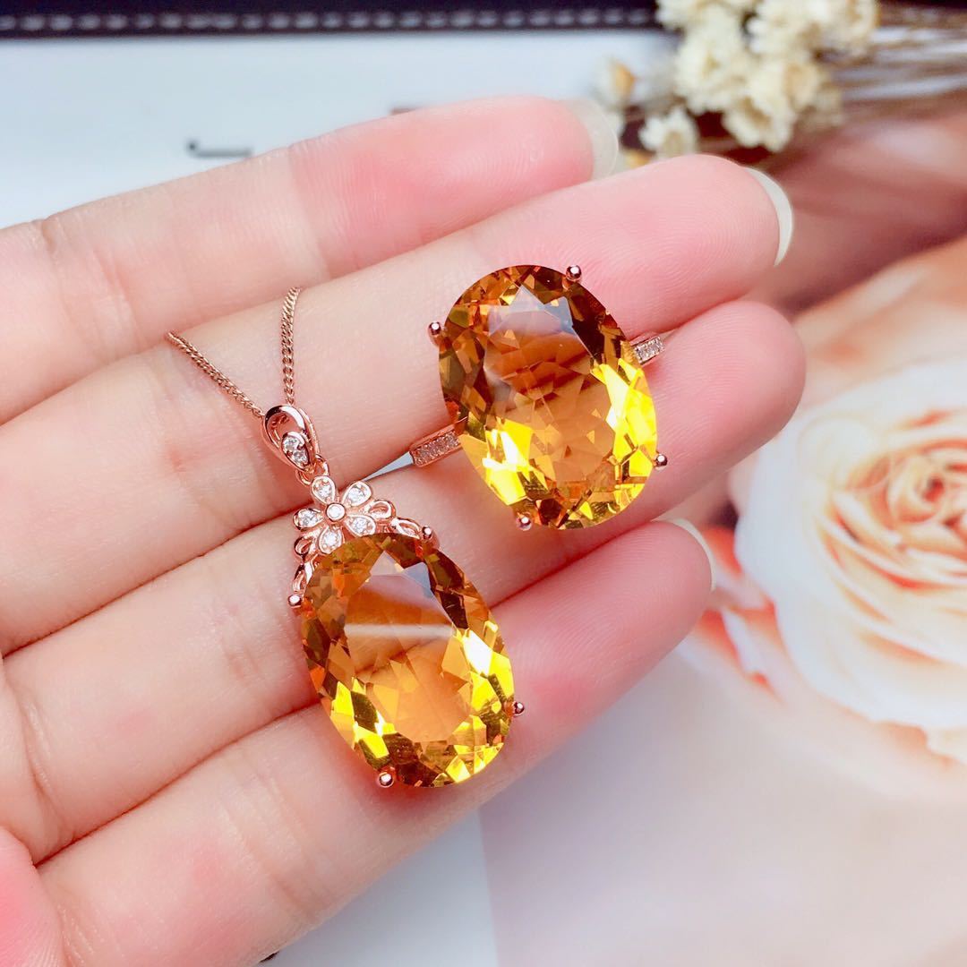 Citrine Gemstone Inlay Pendant Necklace Set