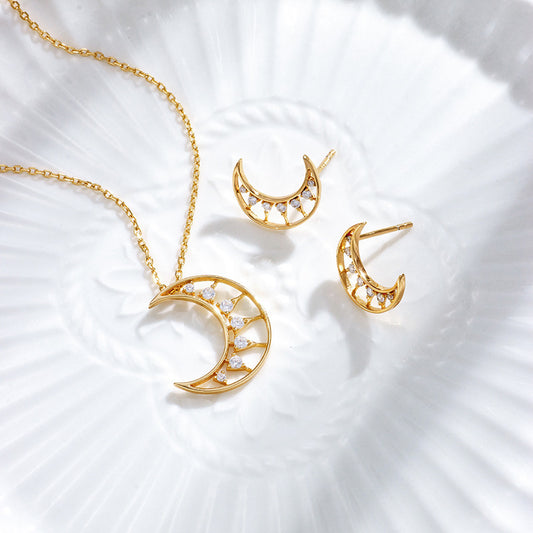 Moon Goddess Jewelry Set: White Zircon Necklace & Crescent Moon Earrings