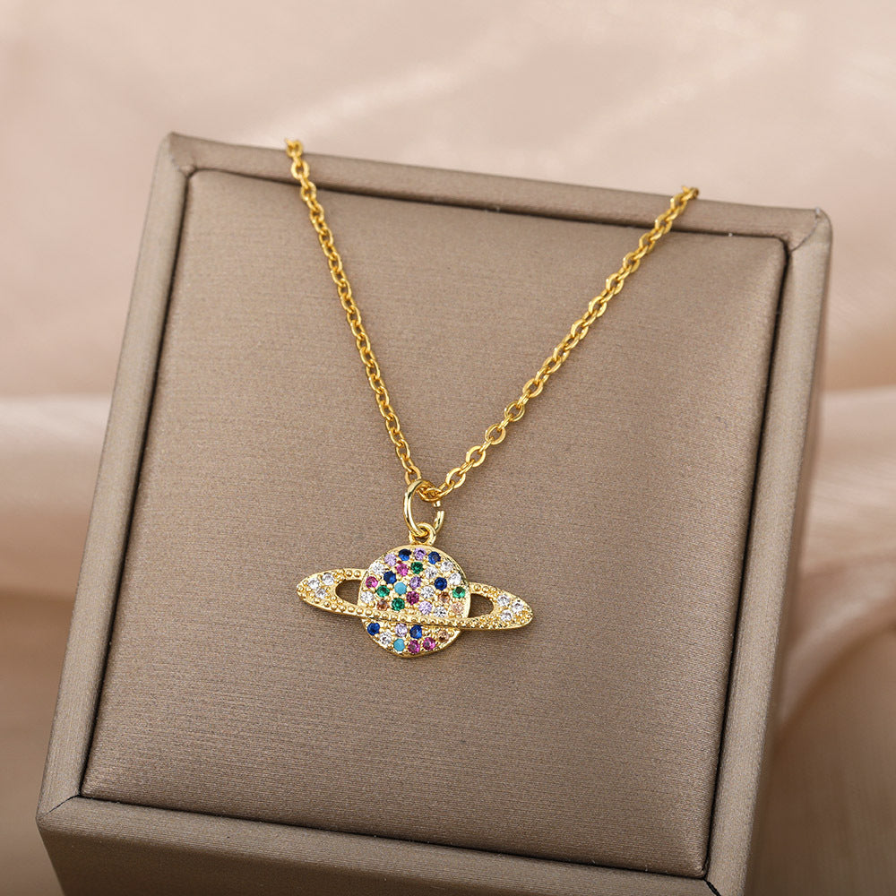 Micro-Set Zircon Necklace – Cosmic Multicolored Jewelry with Gold Finish