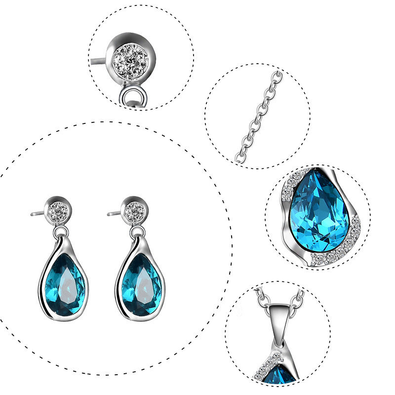 Elegant Teardrop Gemstone Pendant and Blue Zircon Earrings with Silver Necklace